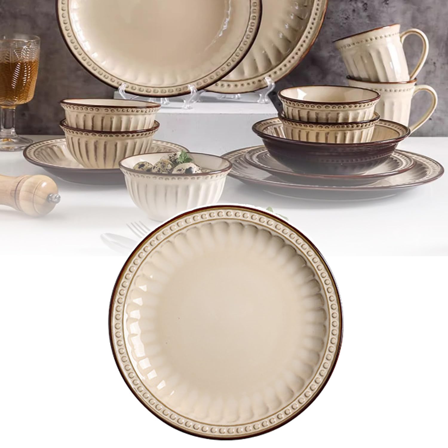 Keramikteller,Geprägter Teller im Vintage-Stil,Teller/Schalen/Tassen,Flache Ausführung,Spülmaschinen- Und Mikrowellengeeignet,Leicht Zu Reinigen,Größe Und Menge Frei Kombinierbar 11-inchPlate | Tiefer Typ, spülmaschinen- und mikrowellengeeignet, leicht zu