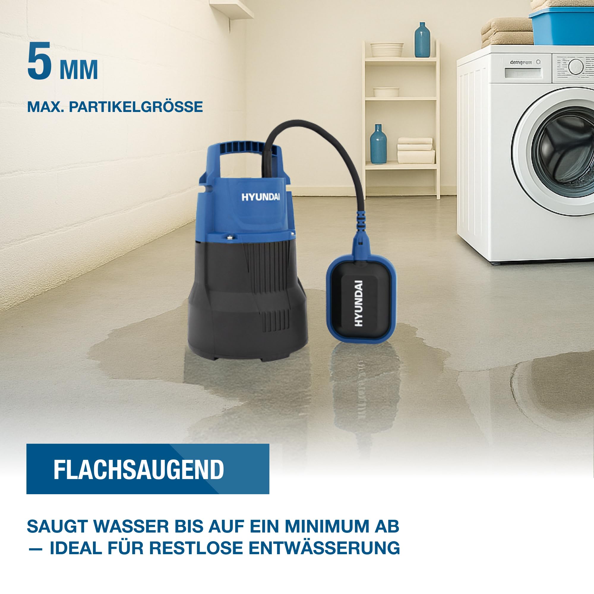 HYUNDAI Klarwasser-Tauchpumpe TP40009C | flachsaugend | 400 W, Fördermenge 9.000 l/h, | Eintauchtiefe: max. 7 m, Förderhöhe: max. 6 m | Partikelgrösse: max. 5 mm | Schwimmschalter