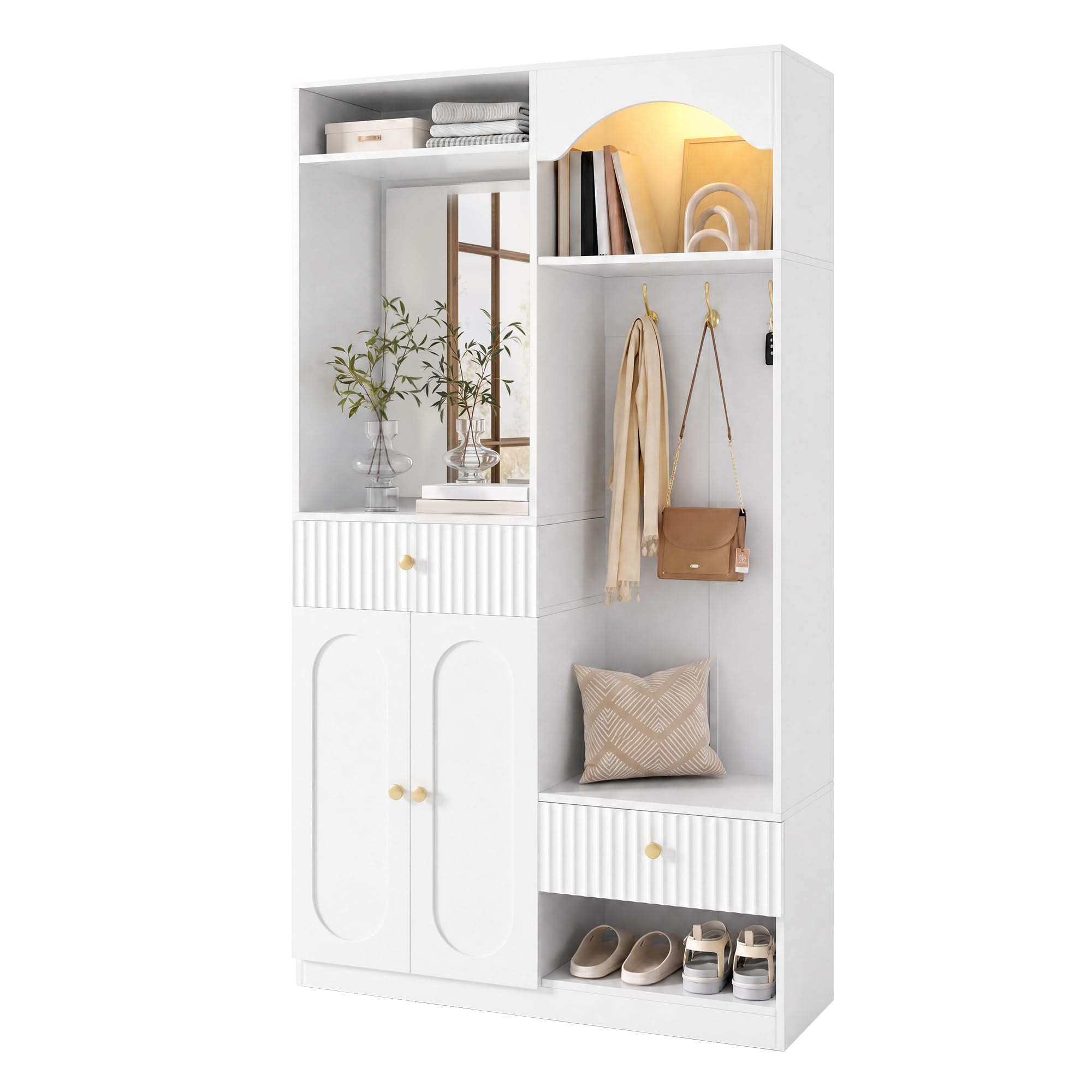 Zapatero y perchero para pasillo de 100 cm con espejo y luces LED decorativas blanco