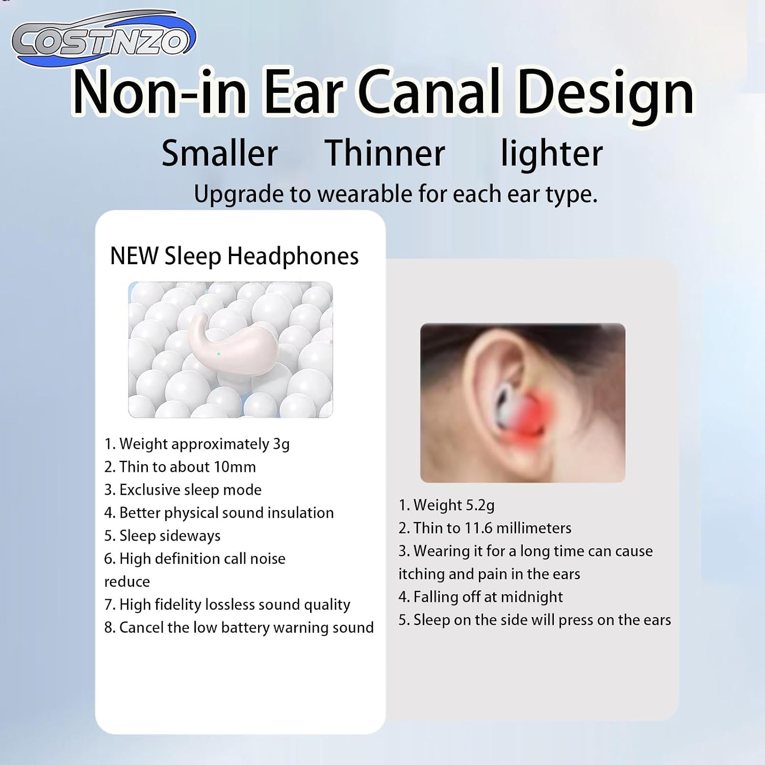 Comfortable Side Sleeping Sleep Earbuds for Side Sleepers (Snow) | Innovation Sleep Mode, Invisible Earbuds, Non-In-Ear Design Focused On Ear Canal Health, Sleeping Headphones