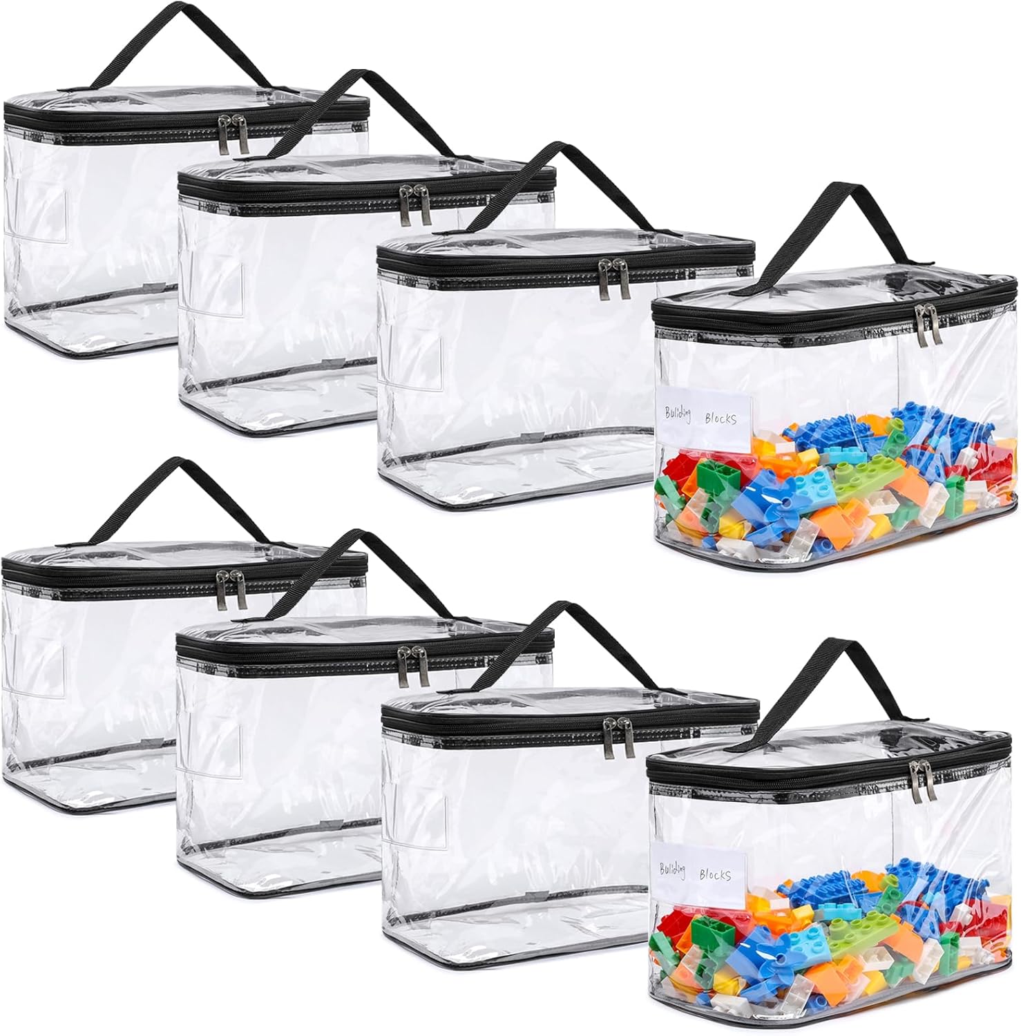 8 Pack Large Clear Storage Bag for Toys with Name Tag, Waterproof Duty PVC Toy Organizer Case for Board Games, Building Blocks, Puzzles, Stationery, Small Item Storage Bins(12.6 × 7.9 × 6.3 in)