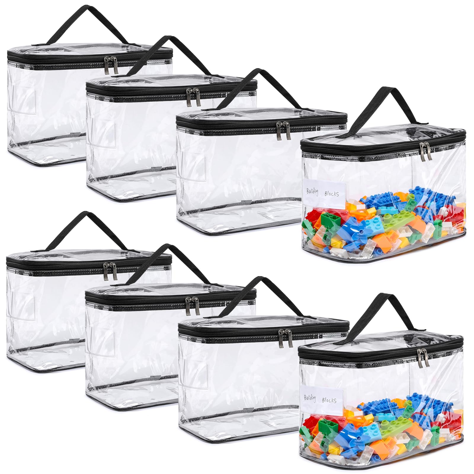 Paquete de 8 bolsas de almacenamiento transparentes grandes para juguetes con etiqueta de nombre, estuche organizador de juguetes de PVC resistente al agua para juegos de mesa, bloques de construcción
