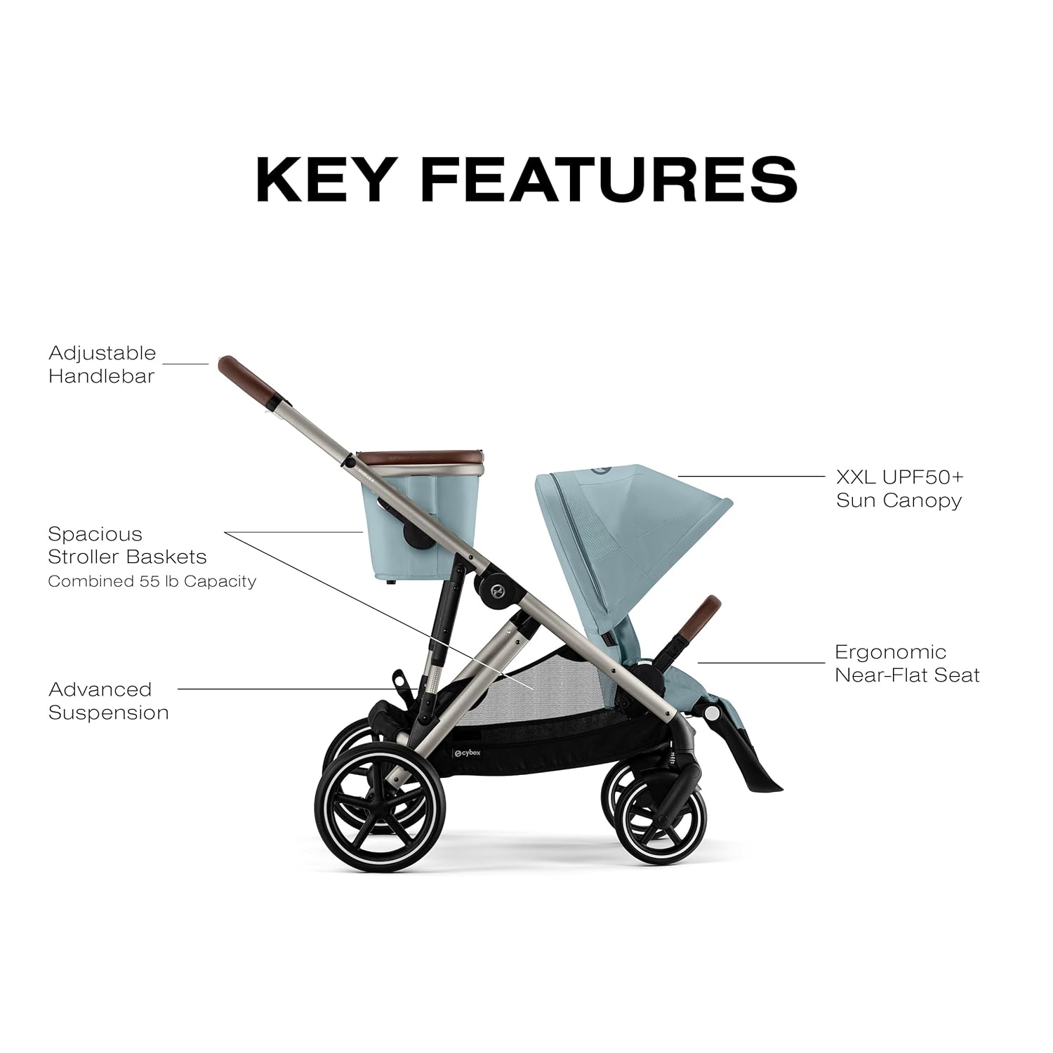 Cybex Gazelle S Stroller Modular Double for Infant and Toddler Includes Detachable Shopping Basket Over 20+ Configurations Folds Flat Easy Storage, Sky Blue, 1.0 Count, 5.0 liters, 28.4 pounds