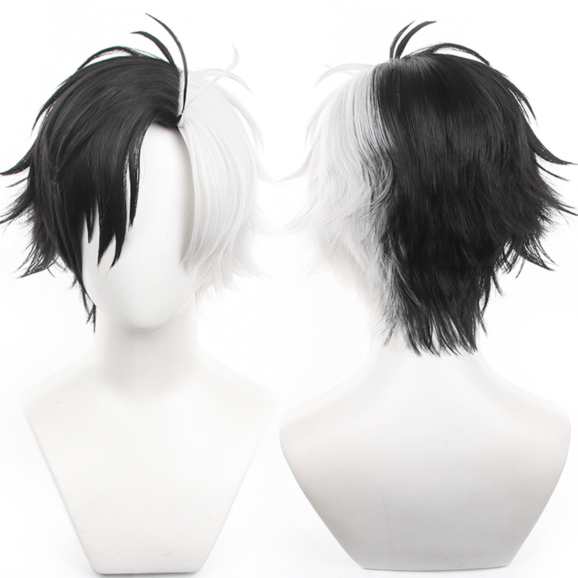 Half White Black Short Straight Wig Perfect Men Halloween Cos Anime Party Wigs with Heat Resistant Synthtic Costume Hairs