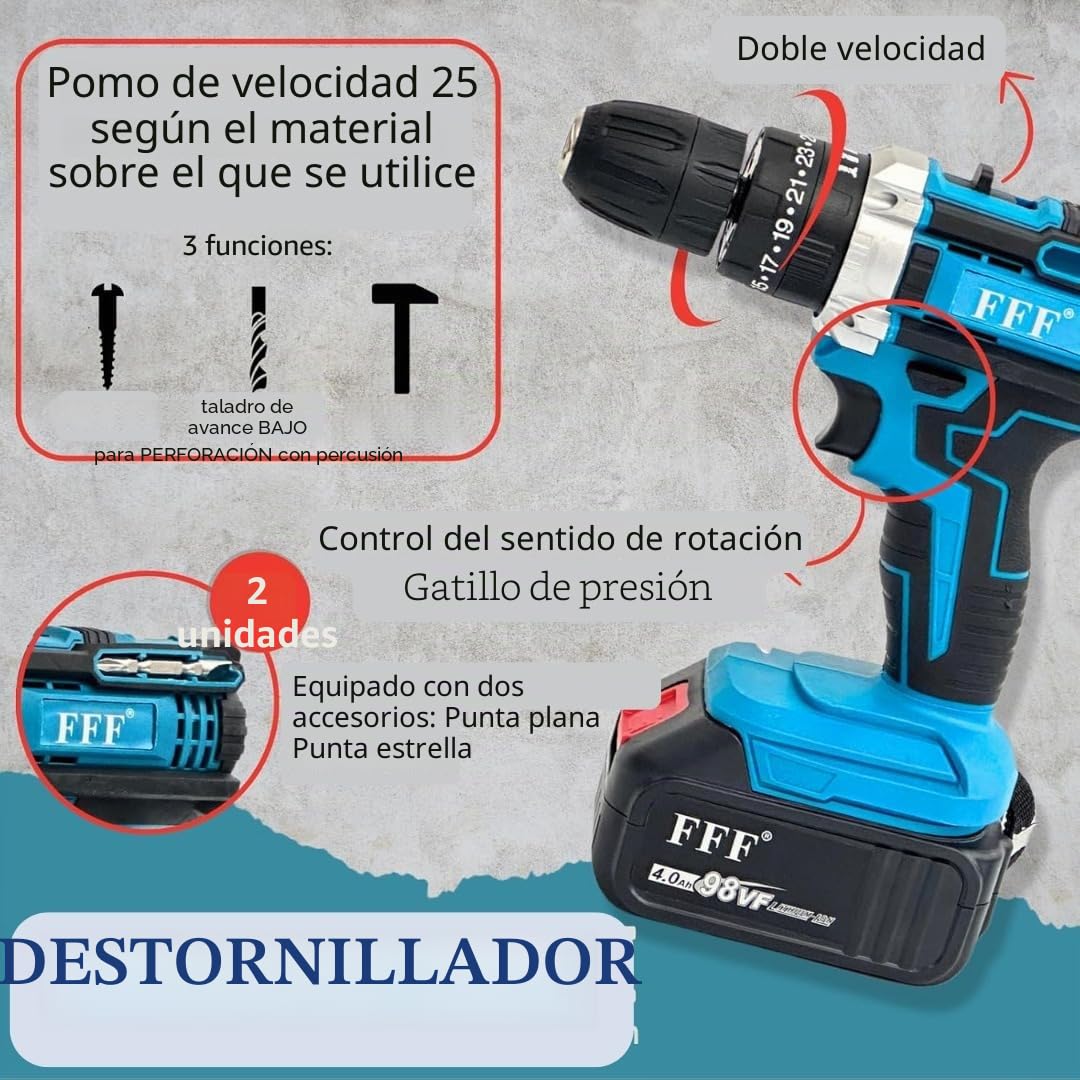 Kit de bricolaje profesional 4 en 1 con taladro y atornillador inalámbrico, taladro de percusión inalámbrico, amoladora angular inalámbrica, martillo perforador y taladro de percusión de 68 V