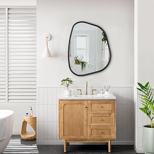 Miniatura 202 de Espejo de pared irregular de 26 x 18 pulgadas, espejo de baño grande asimétrico con marco de madera, espejos decorativos artísticos modernos