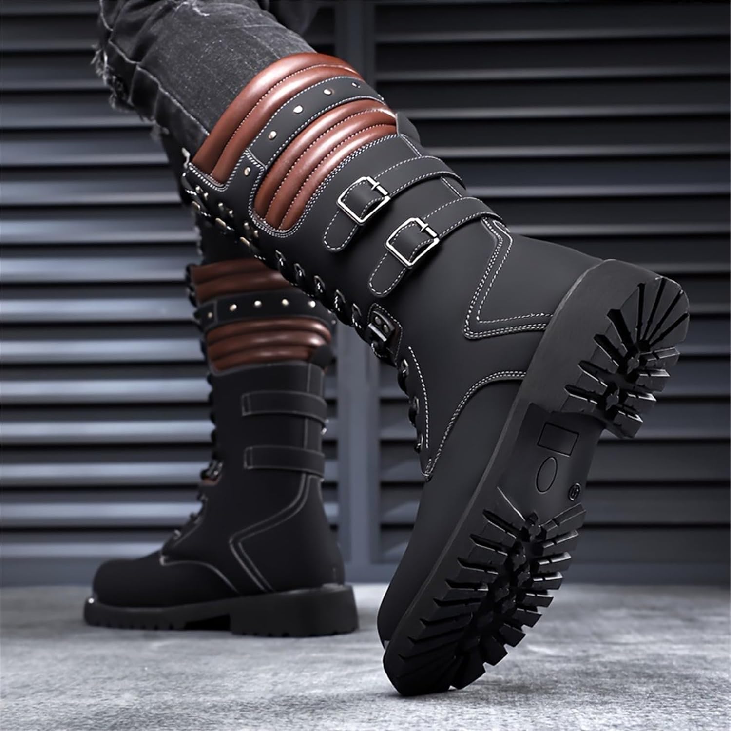 Men's Leather High Top Lace Up Motorcycle Boots Mid-Calf Military Tactical Combat Boot Buckle British Metal Biker Riding Punk Rock Backpacking Shoes