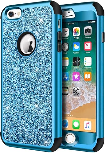 Hython Compatible with iPhone 6/6s Case, Heavy Duty Full-Body Defender Protective Case Bling Glitter Sparkle Hard Shell Hybrid Shockproof Rubber Bumper Cover for iPhone 6 and 6s 4.7-Inch, Blue