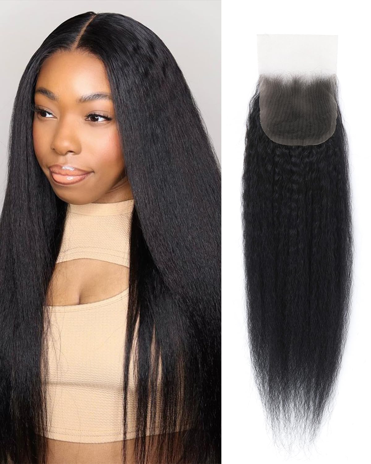 Kerriana Kinky Straight Lace Closure 10 Inch Natural Black Color Transparent Human Hair Sew In 4 by 4 Closure For Women