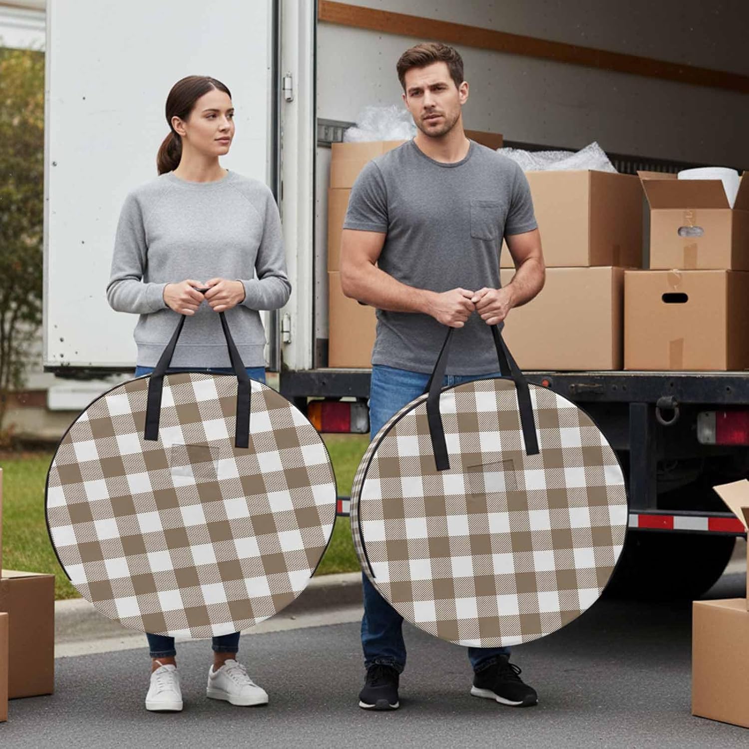 Pastoral Style Round Storage Bag 36 Inch, Light Brown Lattice Clothes Storage Container with Handles Heavy Duty Organizer for Comforter, Bedding & Holiday Wreaths