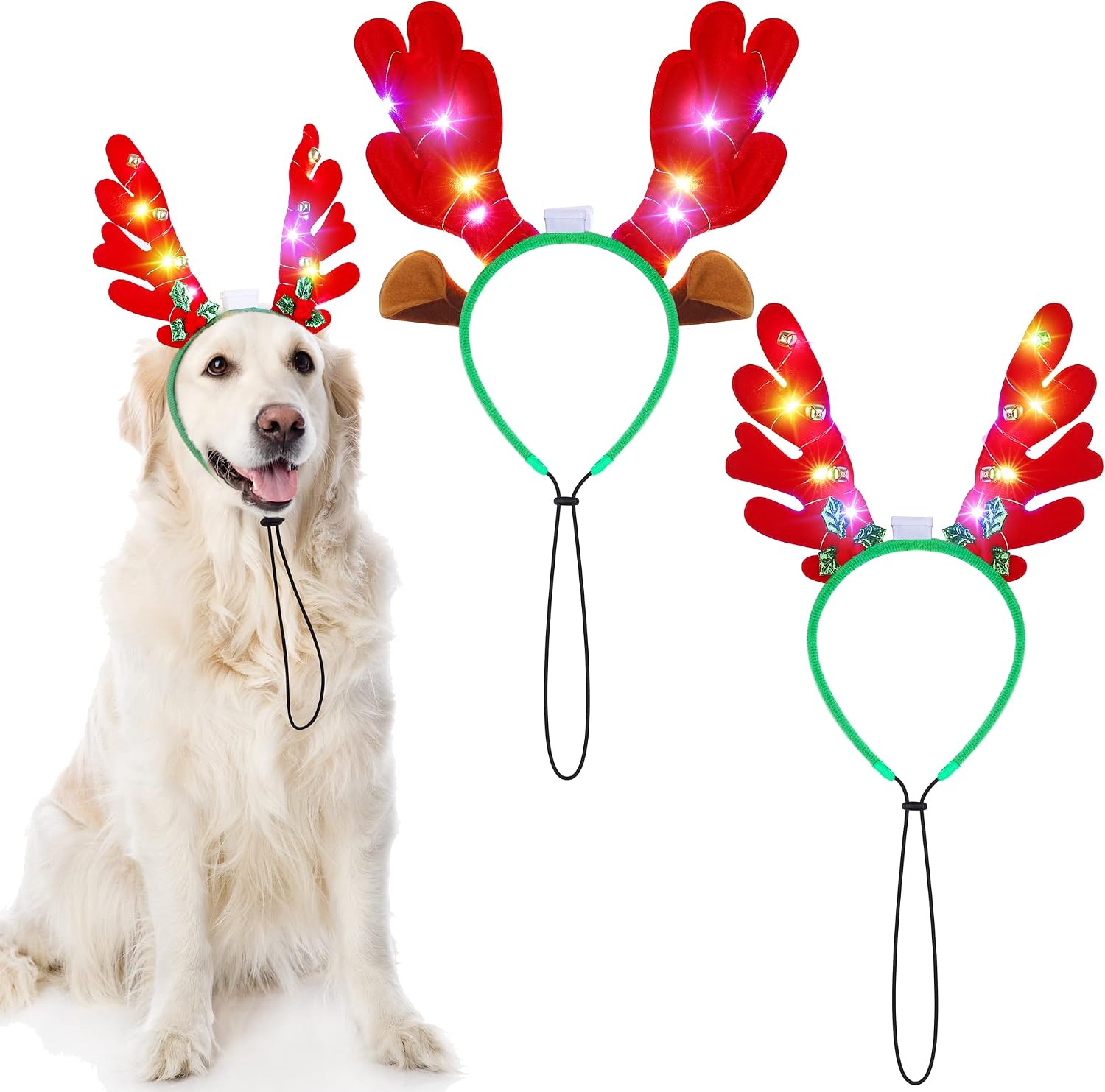 Tiibot 2 Pack Christmas Dog Headband Set Adjustable Red Reindeer Antler Headband LED Light Up Xmas Pet Hair Hoop Pet Christmas Costumes…