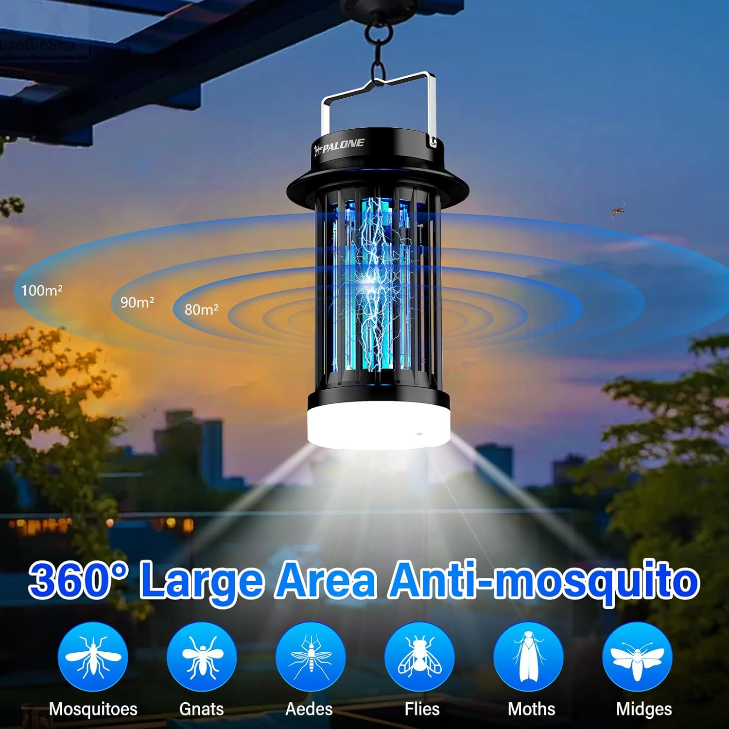 PALONE Bug Zapper hanging outdoors, showing its 360-degree large area anti-mosquito coverage for various insects like mosquitoes, gnats, Aedes, flies, moths, and midges