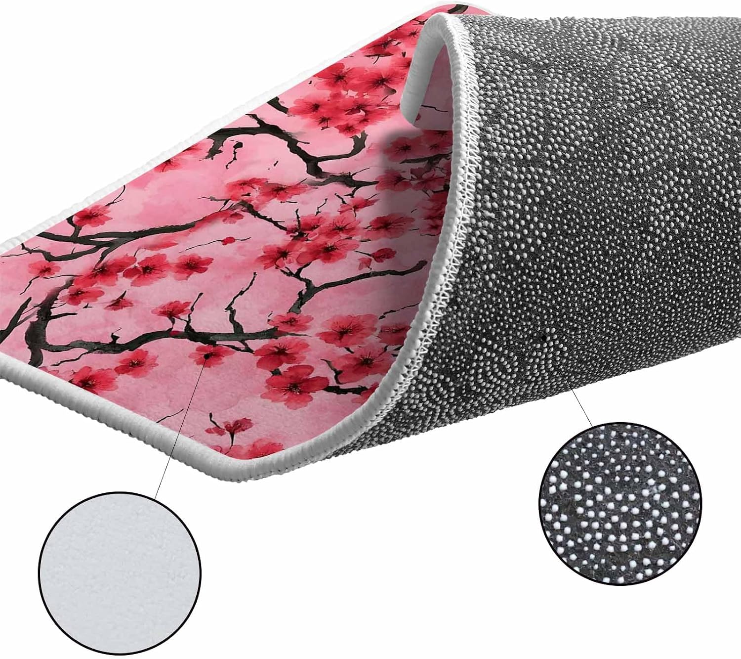 Chinese Flowers Kitchen Rugs and Mats Set of 2, Non-Slip Kitchen Sink Mat, Spring Pink Peach Blossoms Floral Washable Doormat Bathroom Rugs Runner for Bedroom/Living Room 19.7"x31.5"+19.7"x47.2"