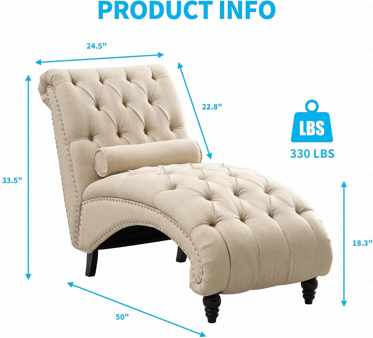 Mjkone Button Tufted Chaise Lounge Indoor, Linen Sofa Chaise Chair with Nailhead Trim, Support Pillow, Modern Armless Leisure Recliner Sleep Sofa Chair with Wood Legs for Living Room Bedroom, Beige