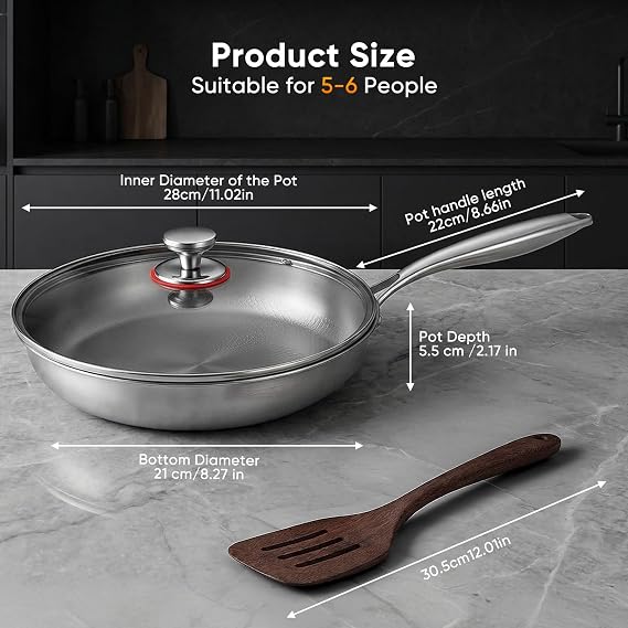 Large Titanium Frying Pan 28cm with Lid, Non Stick, Coating Free, Induction