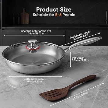 Large Titanium Frying Pan 28cm with Lid, Non Stick, Coating Free, Induction