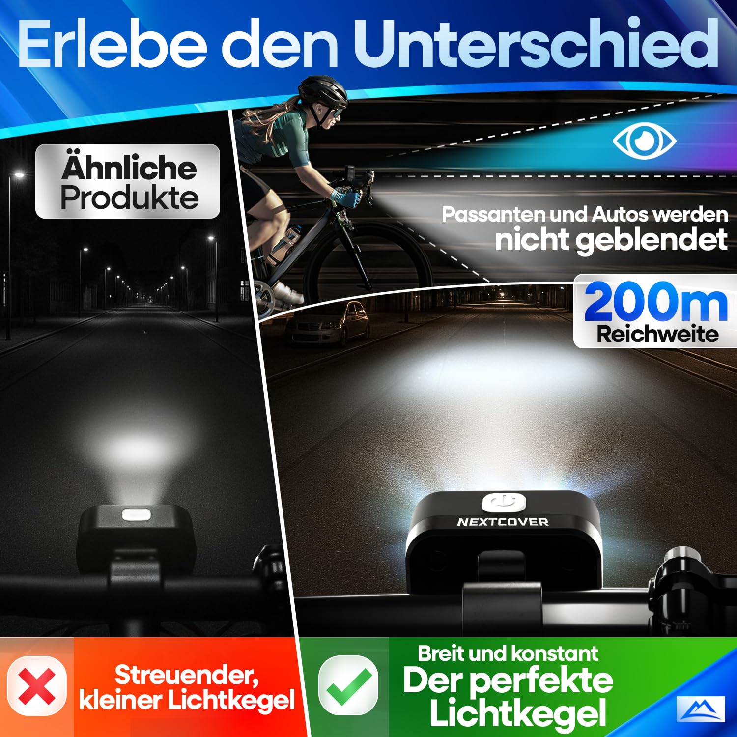 NEXTCOVER® Fahrradlicht Set mit [VisionOne] I LED Set USB-C aufladbar & wasserdicht I StVZO zugelassen I Fahrrad Licht vorne I Fahrradlampe & Fahrrad Rücklicht, Fahrradbeleuchtung Akku, Licht Fahrrad