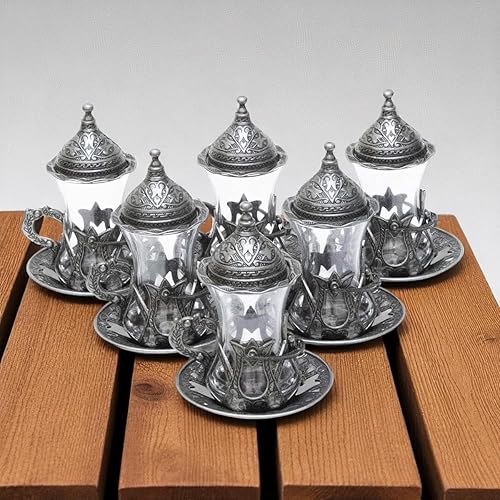 Miniatura 7 de Alisveristime Juego de 6 vasos de té turco hechos a mano Zamzam para servir vasos platillo y cuchara (negro)