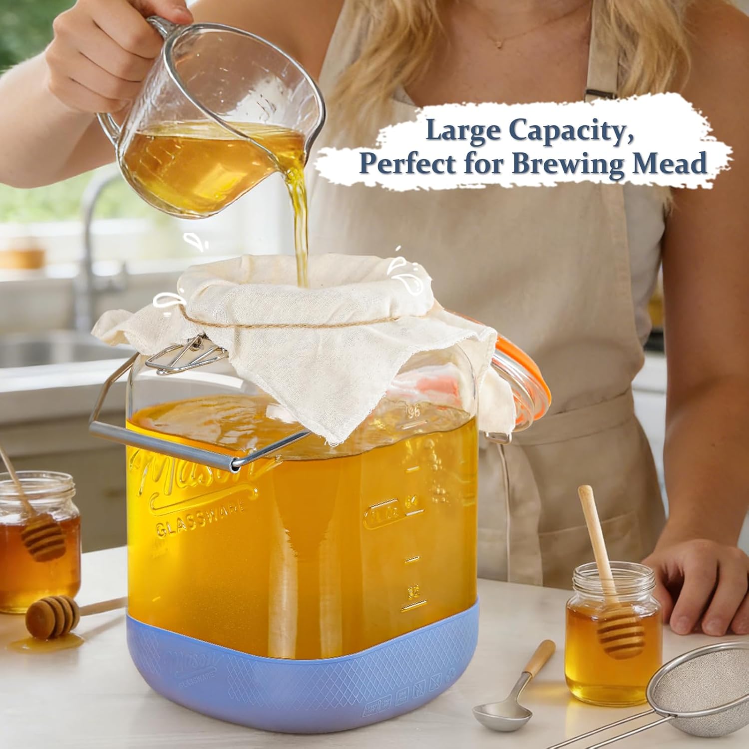 Folinstall 1 Gallon Fermentation Jar with 3 Airlocks, Stainless Steel Handle, Non-Slip Silicone Base, 128 oz Glass Storage Jar for Mead Making, Wine Making, Sourdough Starter, 2 Pack