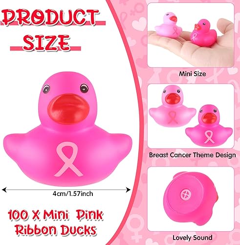 Miniatura 2 de Deekin 100 patos de goma a granel con cinta rosa, patos de baño, concienciación sobre el cáncer de mama, mini patos de 1.57 pulgadas, flotador de