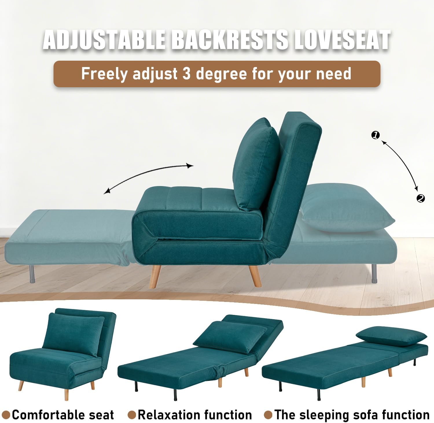 3 in 1 Sleeper Chair Bed, Foldable Convertible Chair with Thickened Cushion and Sponge, OTE Chenille Fabric, Adjustable Backrest Upholstered Accent Sofa for Apartment/Bedroom/Office - Peacock Blue