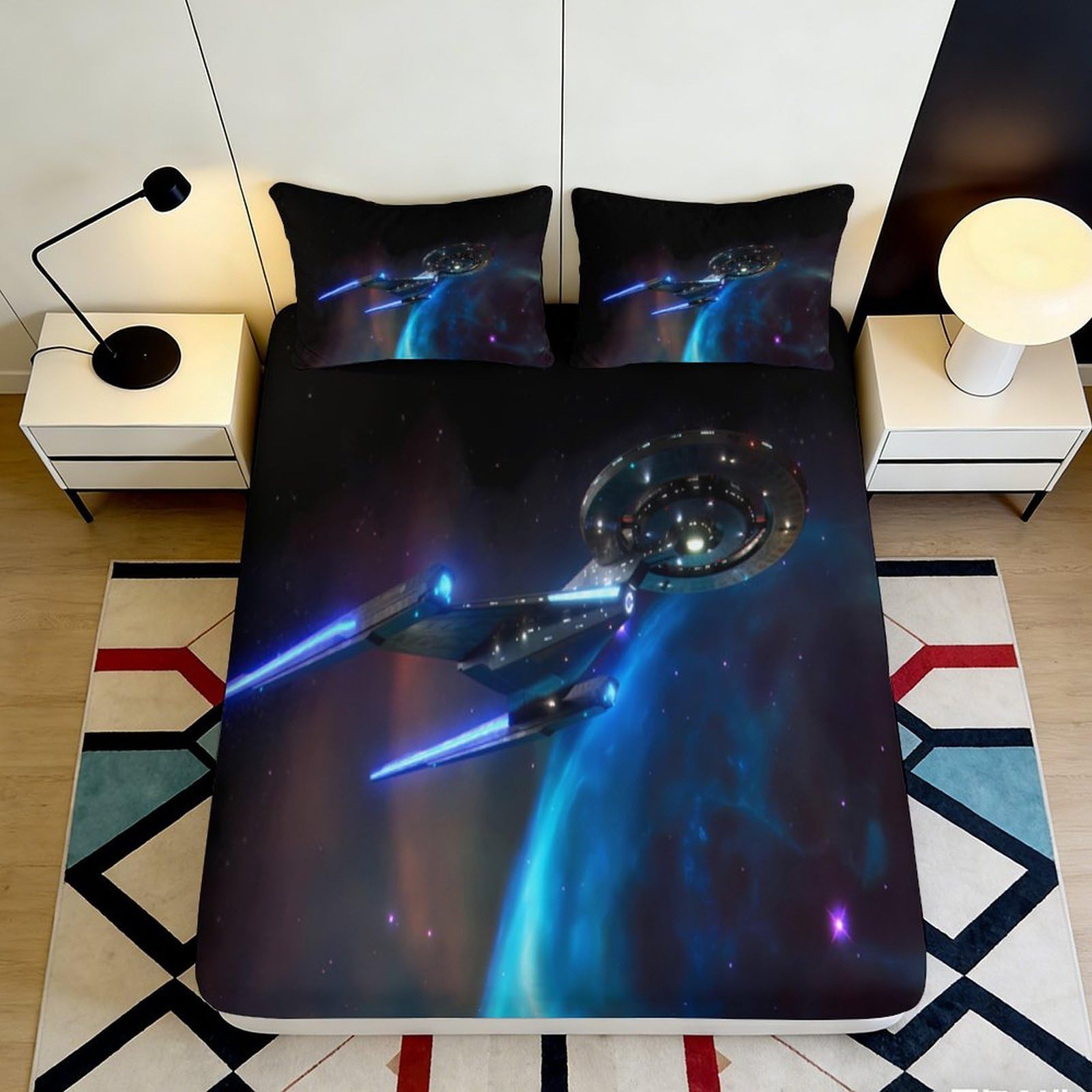 3D Printed Galaxy Spaceship Fitted Sheet Microfiber Deep Pocket Bedroom Bedding Set Non-Slip Space Mattress Fitted Cover Washable 200x200x25cm 90x200x25cm