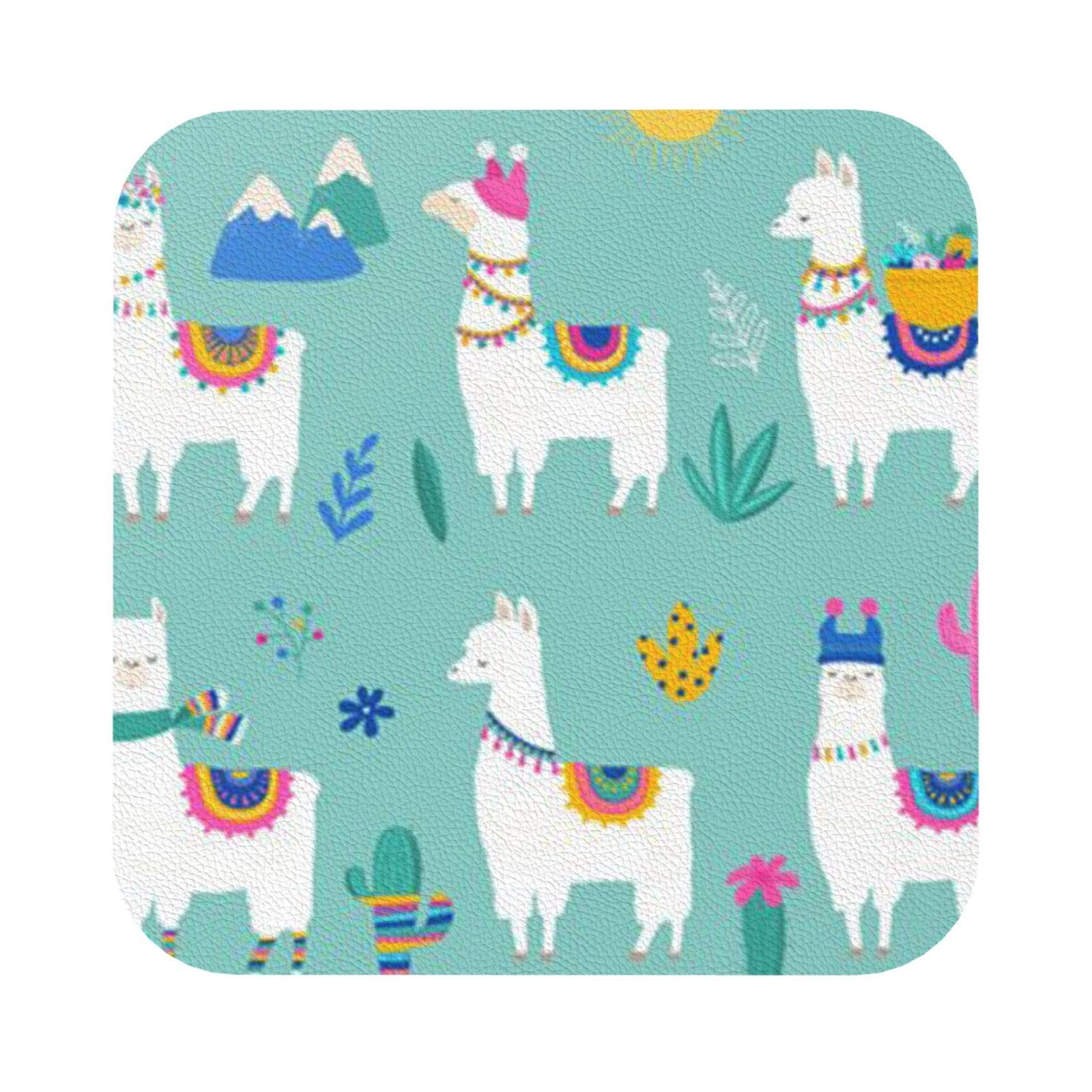 Alpaca Llama PU Leather Coasters Set of 6 Square Drink Coasters