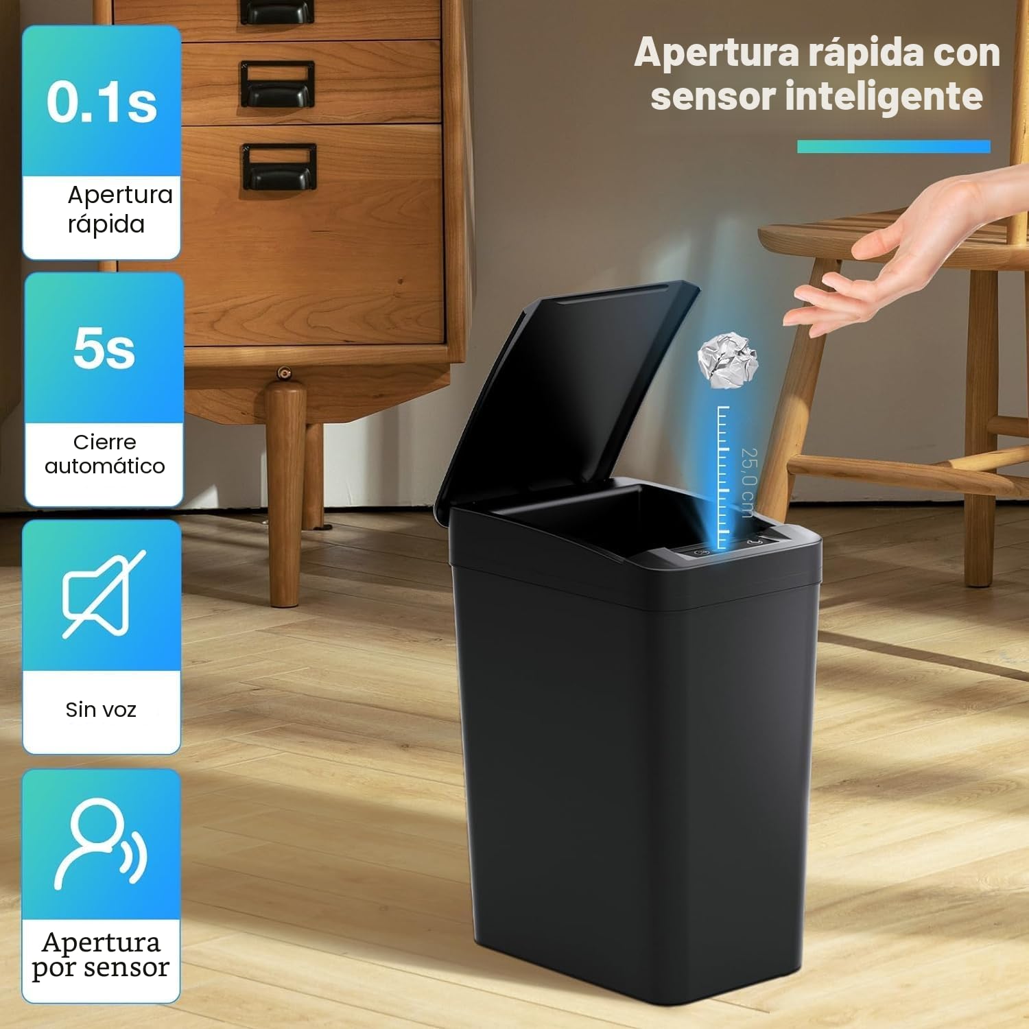 Papelera Automática de Baño, Cubo de Basura Inteligente con sensor de movimiento, 12L Cubo Basura Estrecho sin Contacto, Papelera Negra con Tapa para Baños, Cocinas, Dormitorios, Oficinas