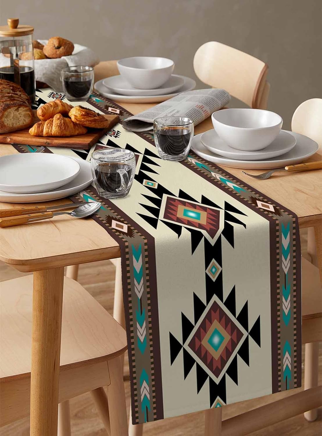 Brown Teal Southwest Table Runner - 120 Inch Long Western Geometric Abstract Ethnic Cotton and Linen Blended Dress Scarves Farmhouse Table Runner for Kitchen Dining, Coffee Table, 13" x 120"