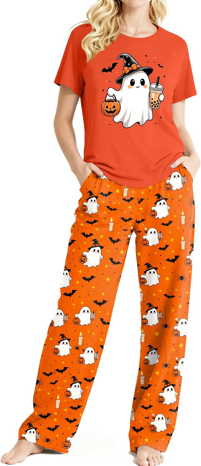 VVNTY Halloween Pajamas for Women: Fall Short Sleeve Pj Sets with Long Pant Halloween Party Sleepwear