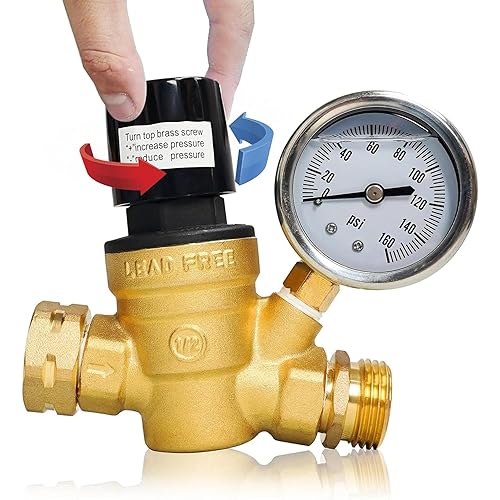 Hourleey RV Water Pressure Regulator, Adjustable Handle Brass Water Pressure Regulator, Water Pressure Reducer with Gauge and Inlet Screened Filter for RV Camper Travel Trailer