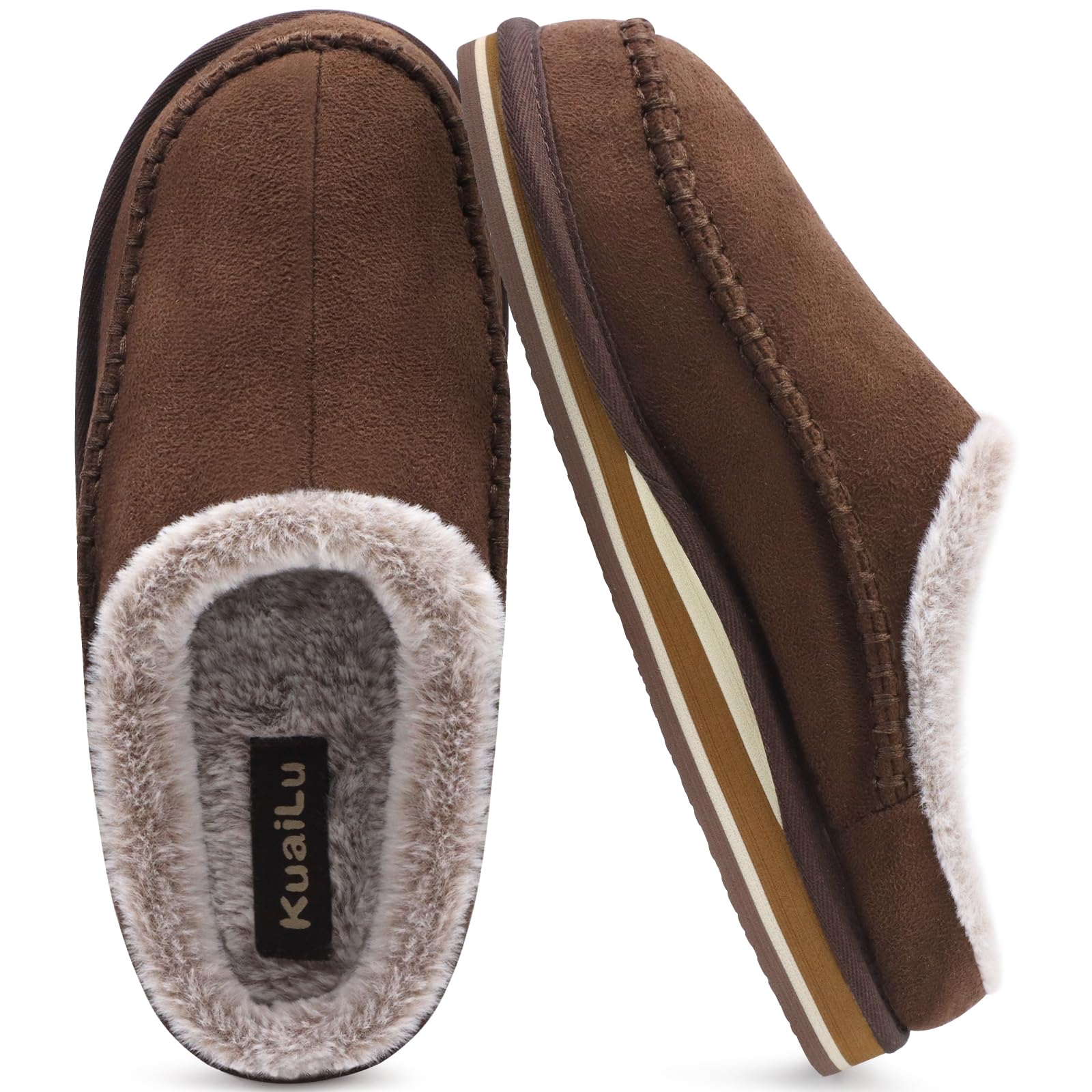 KuaiLu Comodo Pantofole da uomo plantare Cuciture fatte a mano microsuede Scivolare su Scarpe da casa Pelliccia sintetica calda Gomma