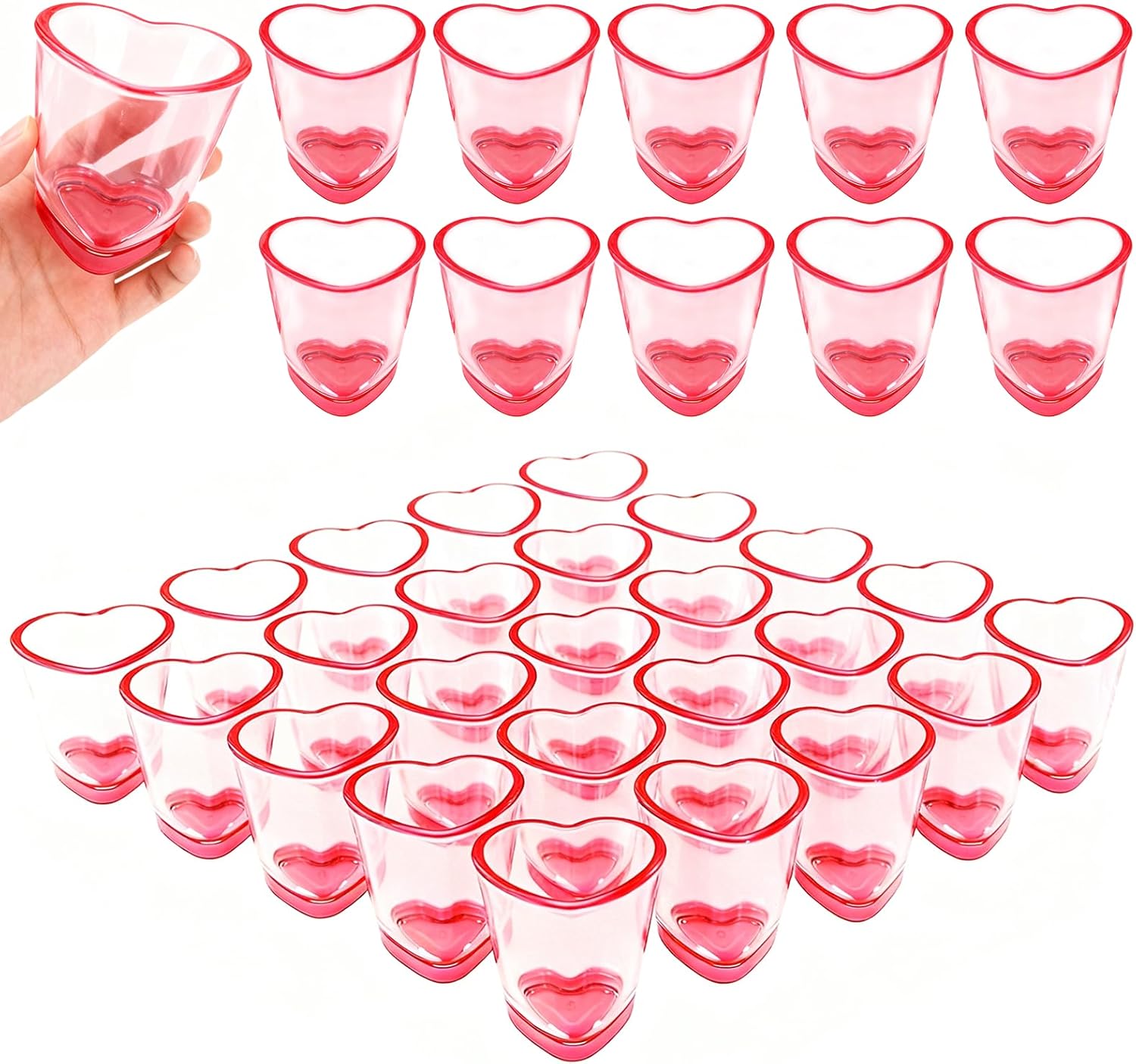 36 Pcs Pink Heart Shot Glasses Set Cute Shot Glasses with Heavy Base Reusable Plastic Beer Mug for Whiskey Tequila Valentine's Day Bachelor Party
