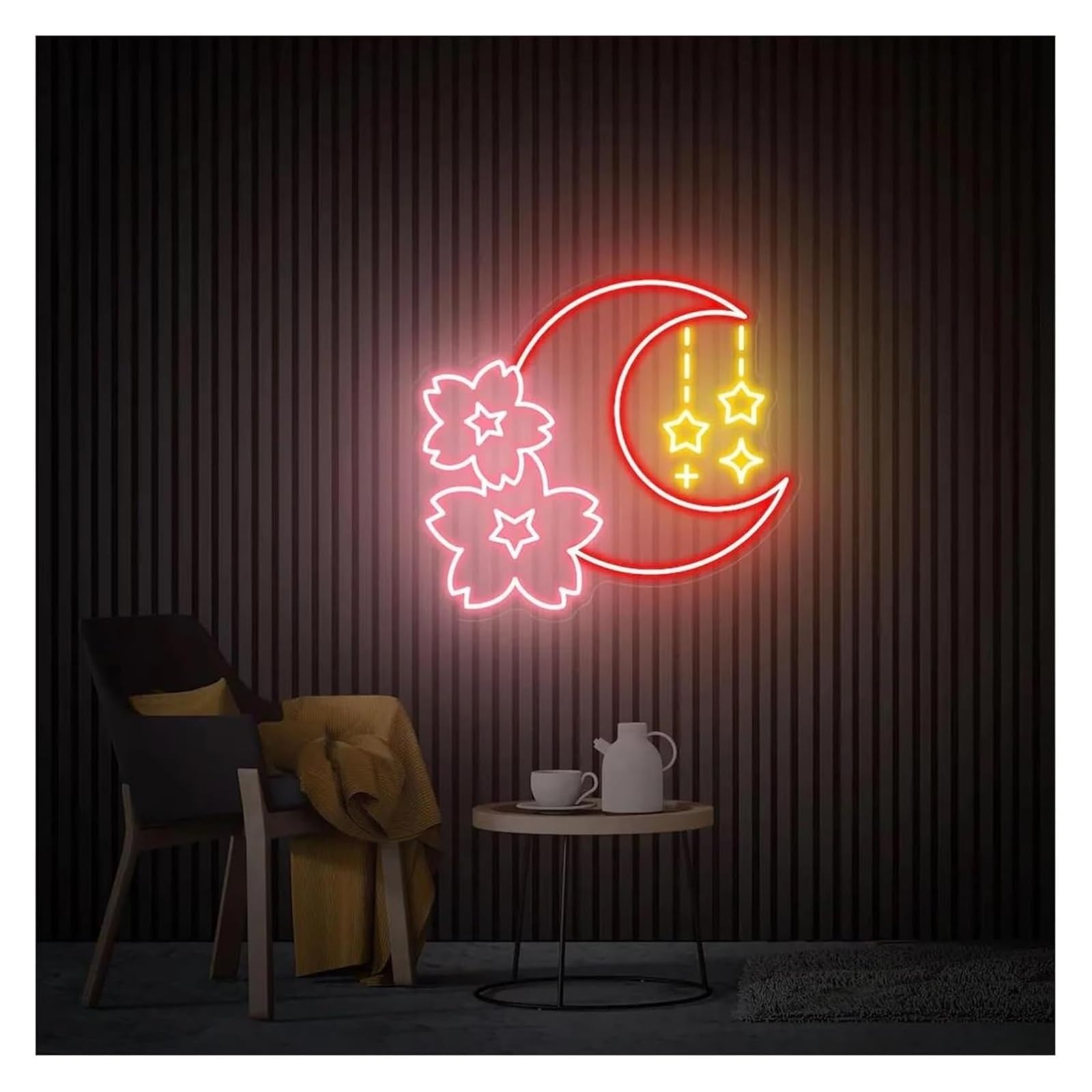 Lámpara de pared con panel neón Sakura y para Luna ambiente relajante, alimentada por paneles luz(E,50cmx50cm)