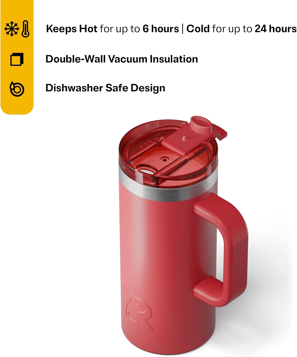 RTIC 16oz Road Trip Travel Mug with Lid and Handle, Ceramic Lined, Insulated, Stainless Steel, Metal, Double Wall Vacuum-Insulation, Portable Coffee, Tea Cup for Hot and Cold Drink, Flag Red - Image 3