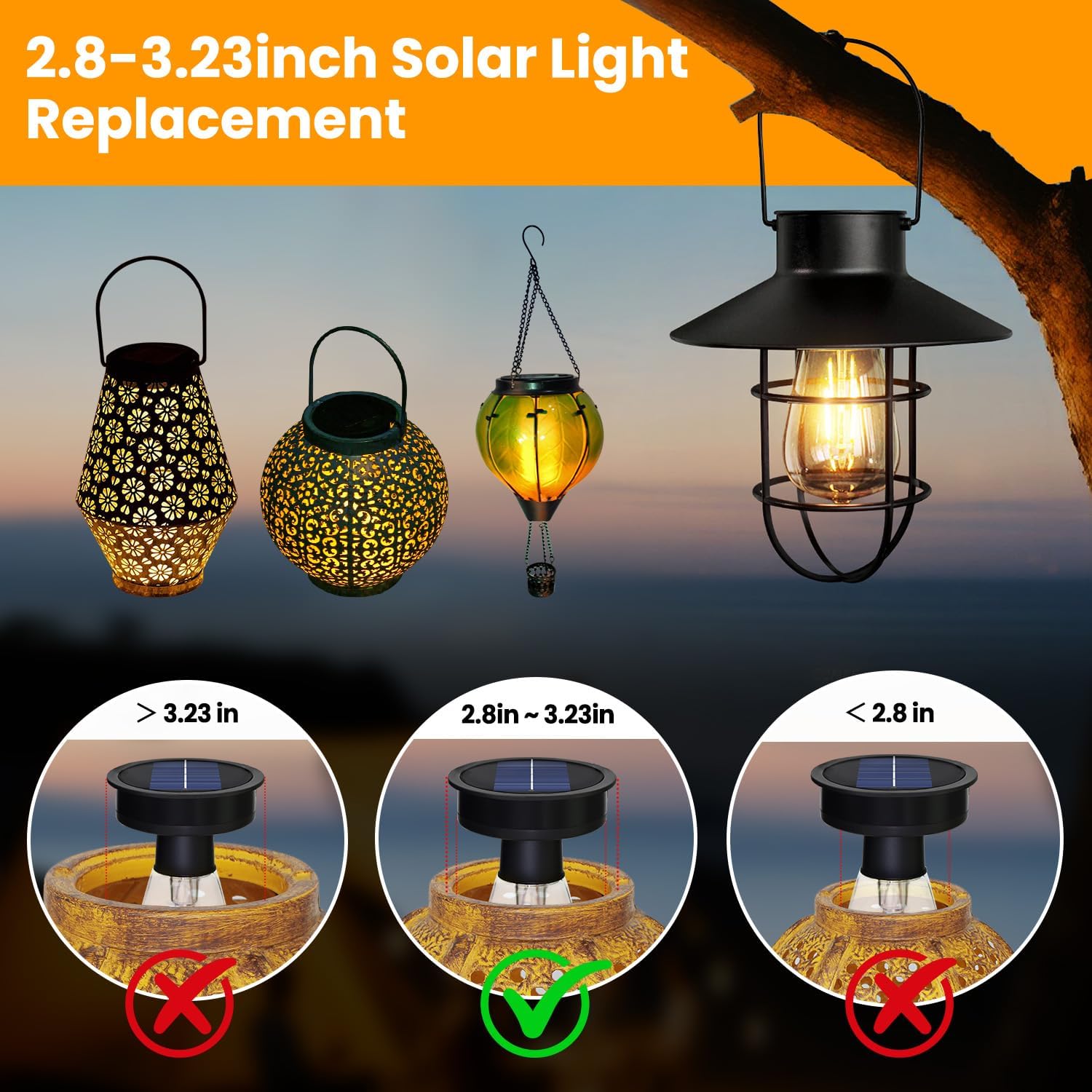 2 Pack Replacement Solar Light Tops,3.23in Solar Hanging Lantern Replacement Parts Outdoor Light Bulbs ,Small Waterproof Lantern for Outside Garden Patio Decor,DIY Gifts