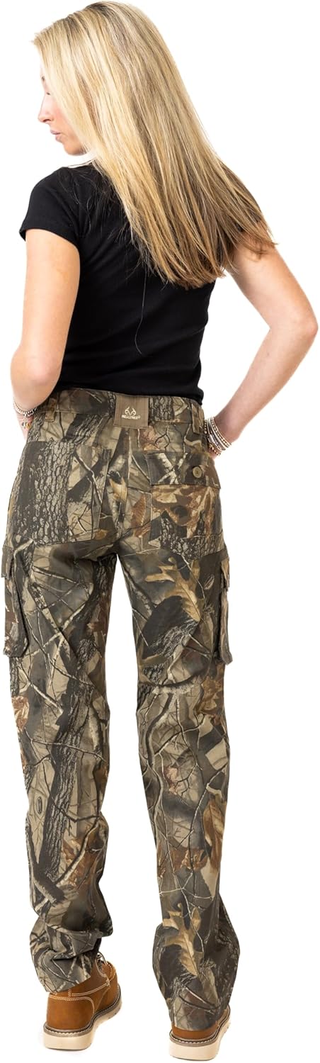 Realtree Women’s Camo Hunting Cargo Pants - Lightweight Cotton 6 Pockets Mid-Rise Slim Fit