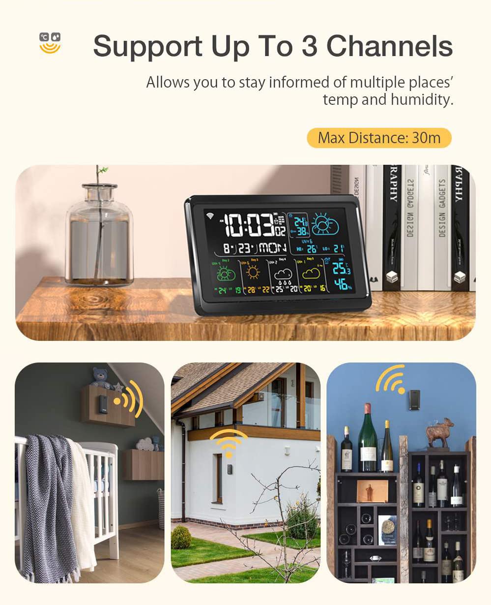 Stacja pogodowa WiFi Smart z pilotem Tuya APP i czujnikami, termometrem do pomiaru temperatury wewnątrz i na zewnątrz/barometrem/funkcją drzemki/prognozą pogody