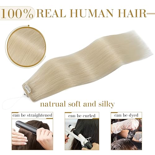 Miniatura 3 de MY-LADY Extensiones de cabello humano real con alambre invisible, de 18 pulgadas, color rubio platino con alambre transparente, ajustables, 2 clips