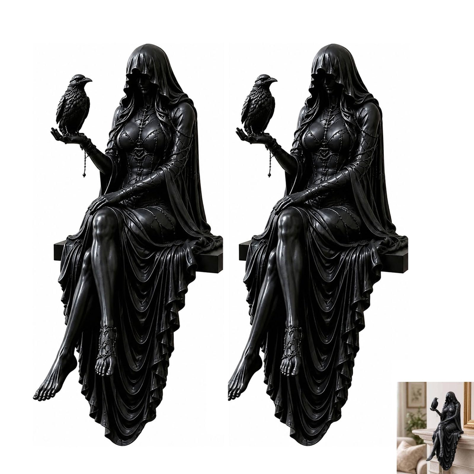 Estatua gótica de niñera de cuervo, estatua gótica de dama oscura con capucha, bruja sosteniendo cuervo, decoraciones de Halloween, figura de mujer sentada, para amantes de la academia oscura (AA#)