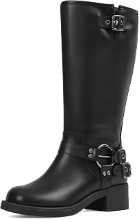 Wide Calf Knee High Boots for Women Square Toe Pull On Chunky Womens Buckle Moto Boots Rivet Vintage Y2K Motorcycle Riding Biker Casual Fashion Festival Renaissance Combat Rave