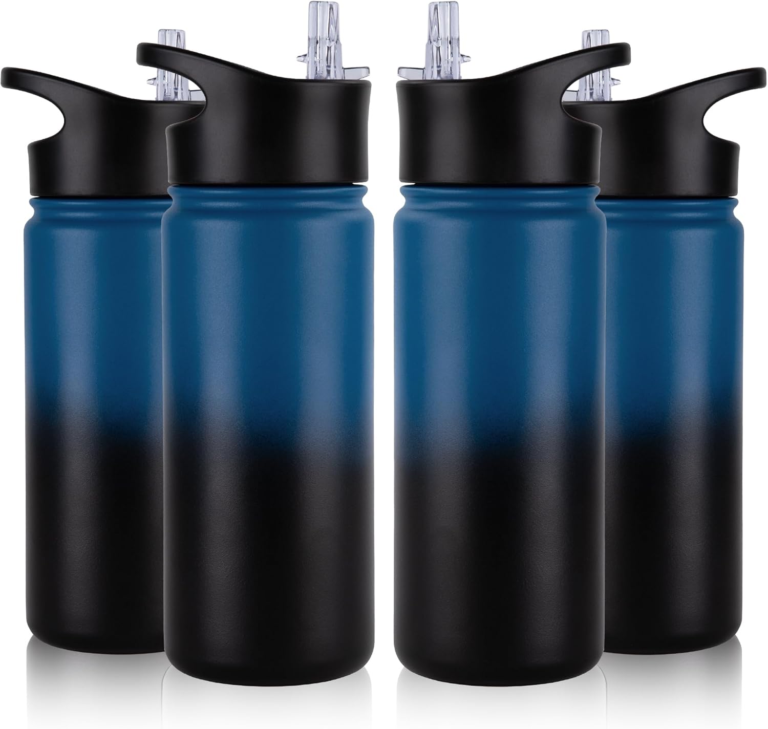 16 oz Insulated Water Bottle Bulk 4 Pack, Straw & Spout Lid, Keep Cold 24H, Spill Proof, BPA-Free, Double Wall, Stainless Steel Kids Water Bottles for School, Sports, Blue Black Gradient