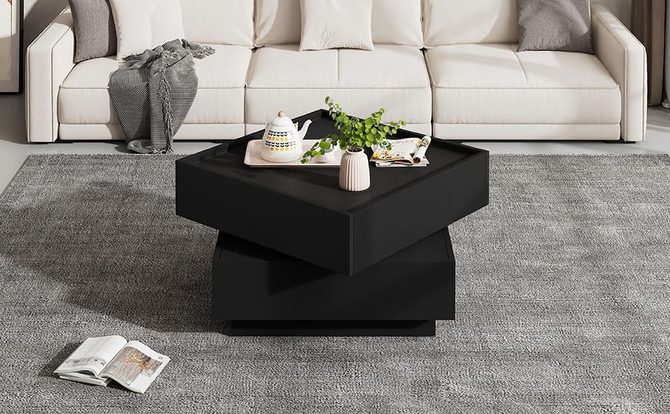 Mesa de centro giratoria 360 Anself con cajón y tablero negro anticaídas para salón