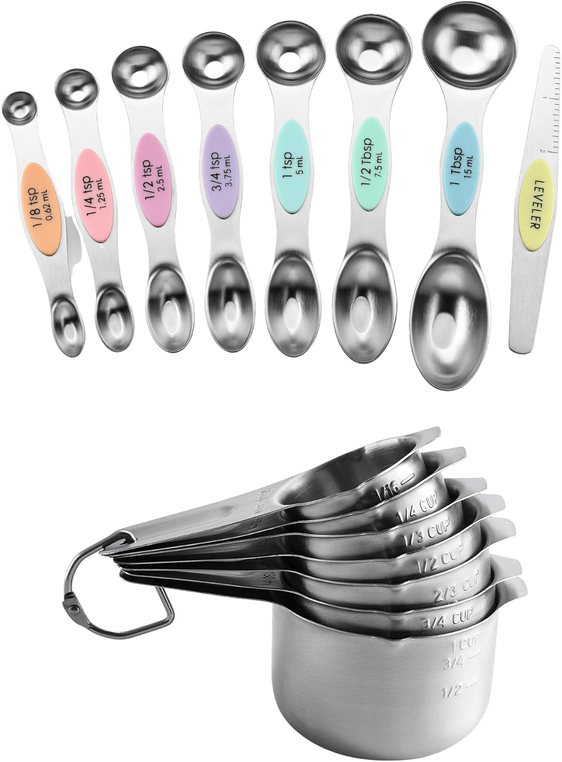 Spring Chef Dual Sided Magnetic Measuring Spoons Set, Pastel, Set of 8 & Stainless Steel Measuring Cups, Set of 7-2 Product Bundle