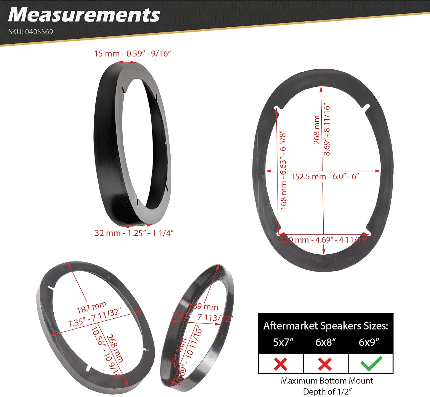 Scosche SS69 Universal 1.25" Angled 6 x 9" Speaker Spacer (1 Pair),black