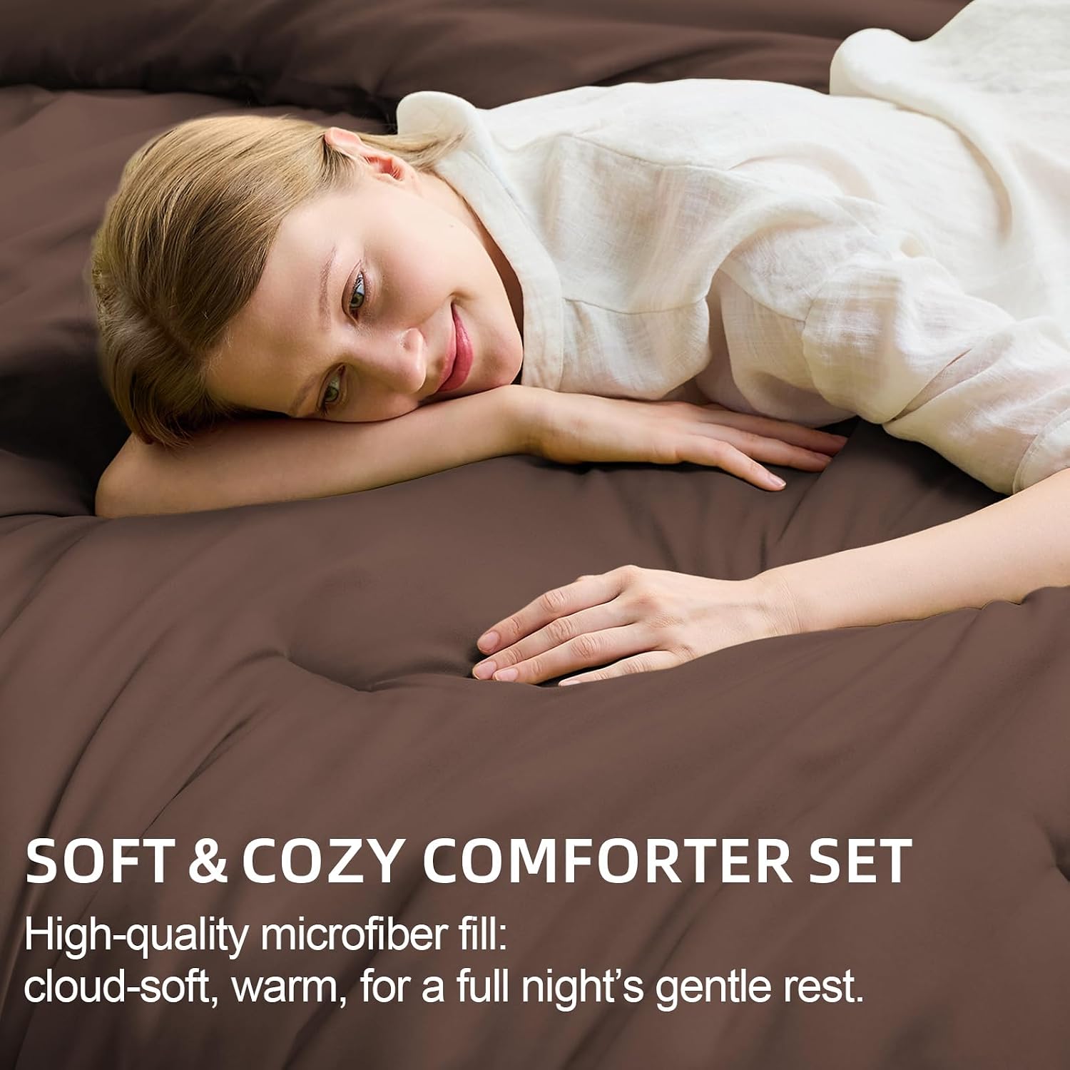 FUANNA Queen Comforter Set Dark Brown, 7 Pieces Soft Bedding Set Queen Size, All Season Lightweight Bed in a Bag with Comforter, Flat Sheet, Fitted Sheet, Pillowcases & Shams