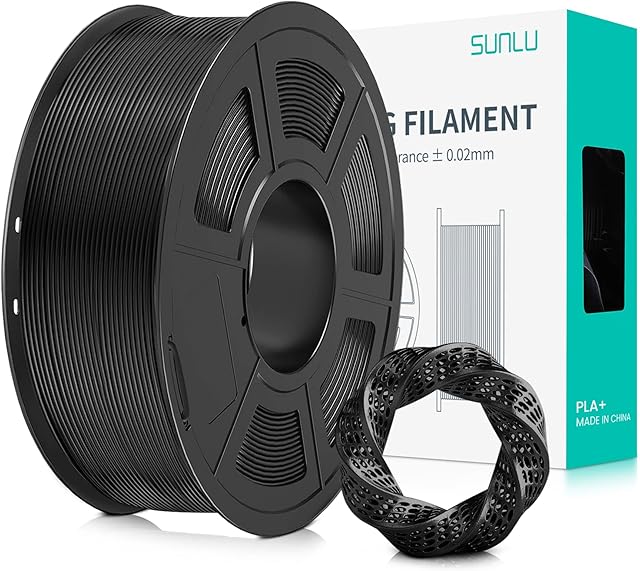 SUNLU Filament PLA PLUS do drukarki 3D, filament PLA+ 1,75 mm do drukarki 3D FDM i długopisów 3D, starannie nawinięty filament, mocny i wytrzymały, dokładność wymiarowa +/- 0,02 mm, szpula 1 kg, kolor czarny