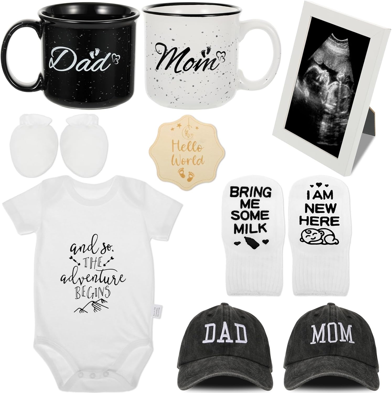 12 Pcs New Mom Gifts, New Parents Gifts for Couples, Gender Reveal, Expecting Parents to Be Baby Shower, Bear Mug, Decision Coin, Baby Socks, Bodysuit Set