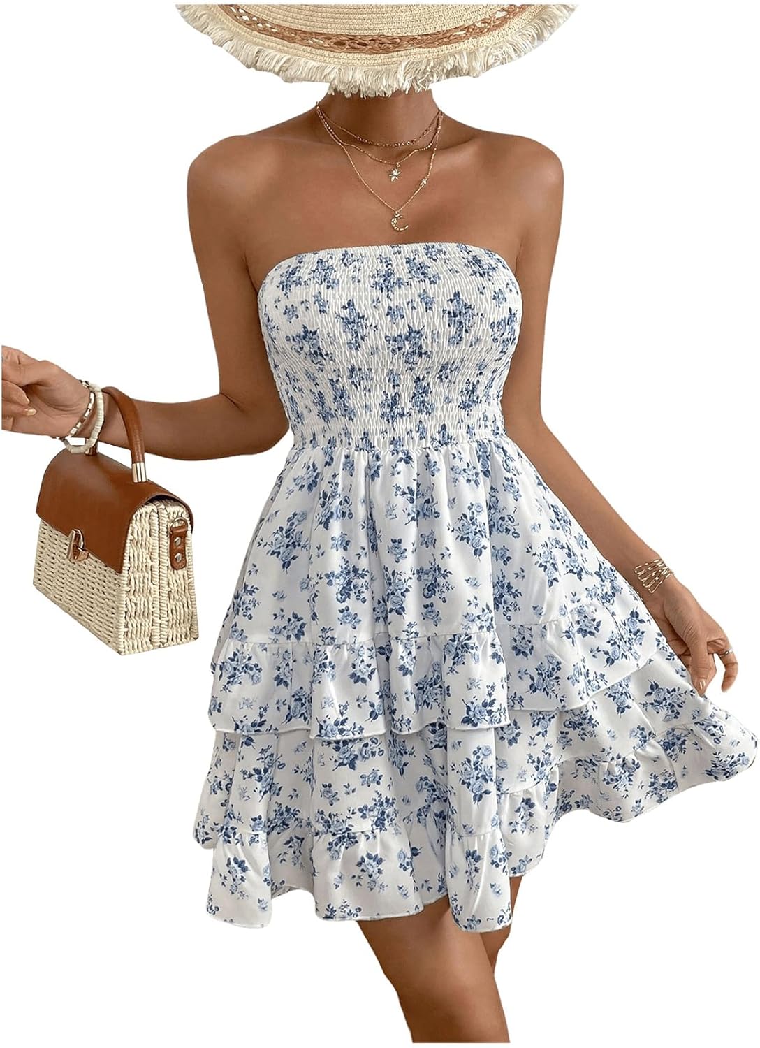 WDIRARA Women's Floral Print Ruffle Hem Tiered Layer Backless Shirred Tube A Line Dress