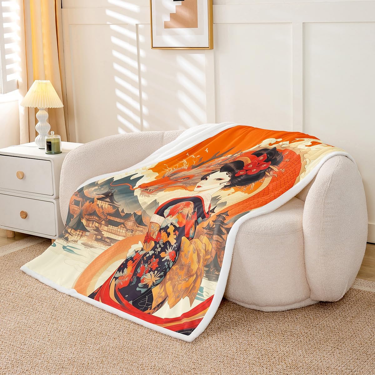 3D Dragon Fleece Flannel Blanket,Watercolor Japanese Geisha Girl Bed Blanket for Bed Sofa Couch,90"x90"Japan Ukiyoe Art Bed Plush Blanket,Japanese Tradition Aesthetic Lightweight Blanket